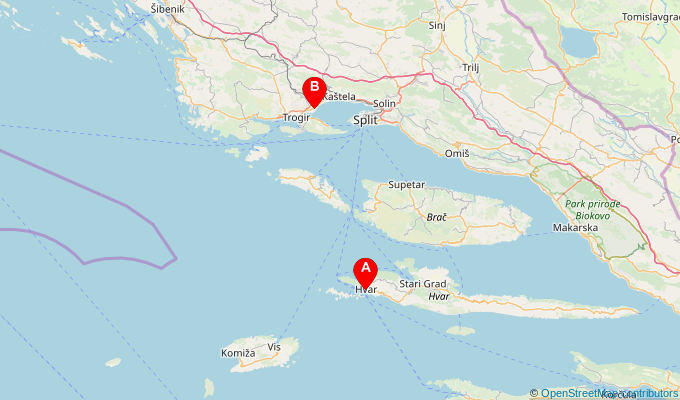 Map of ferry route between Hvar and Split Airport (Resnik)
